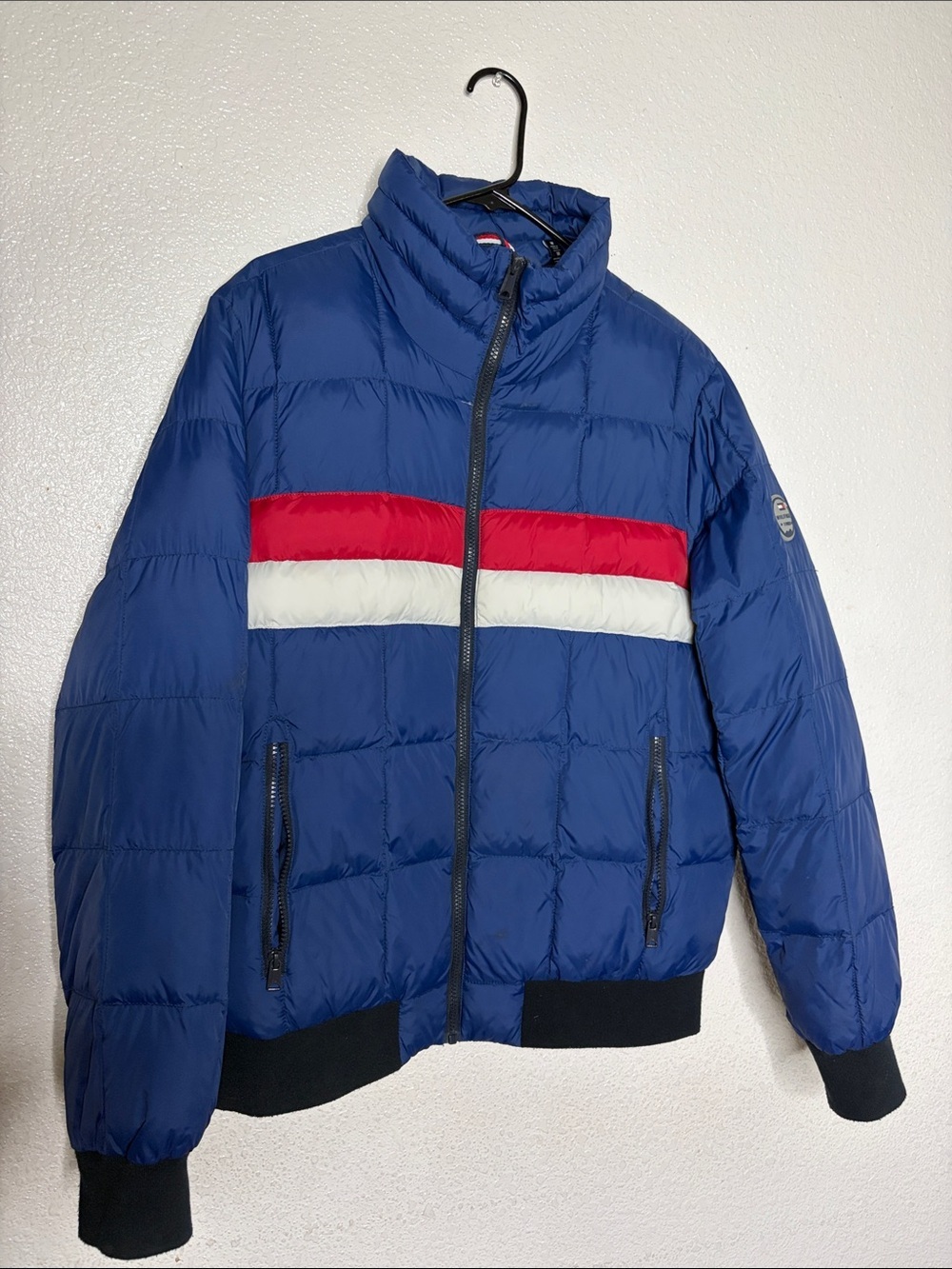 Tommy Hilfiger Royal Blue Puffer Jacket with Red and White Stripe